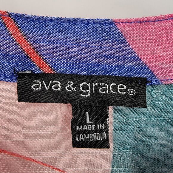 Ava & Grace Blouse Womens Large Colorful Abstract Print Popover 3/4 Sleeves - Picture 9 of 11